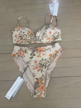 Sustainable Floral High-Waist Bikini Set - Cream with Orange & Green Floral